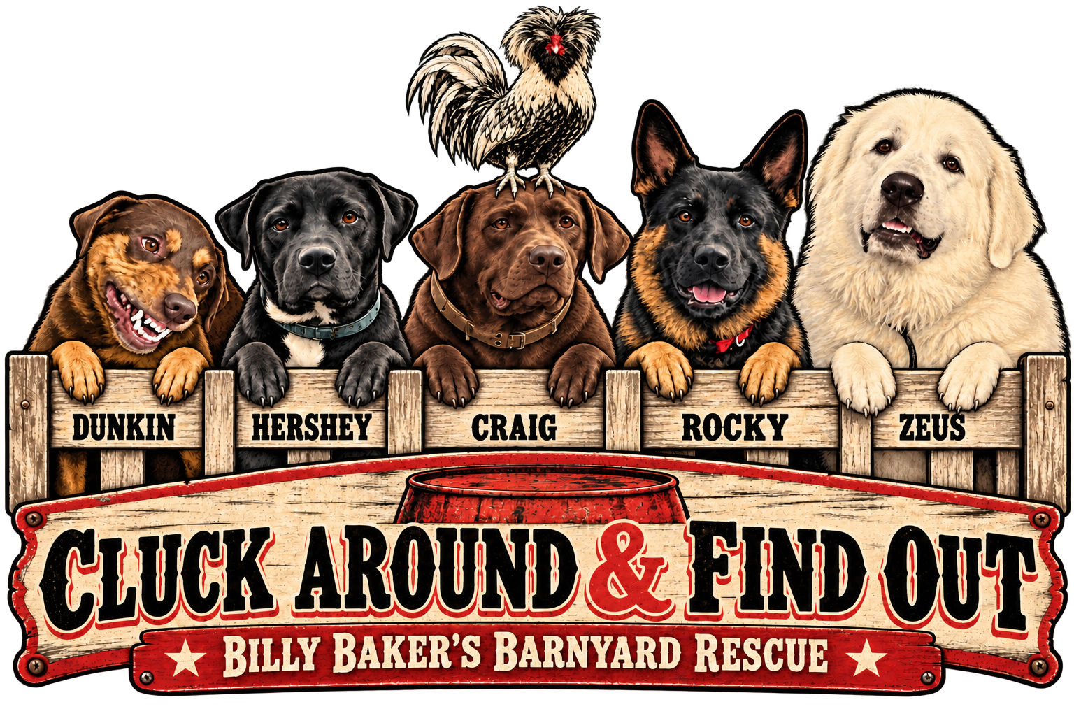 Dunkin, Hershey, Craig, Rocky and Zeus with Nikki Sixx the rooster standing on Craig's head