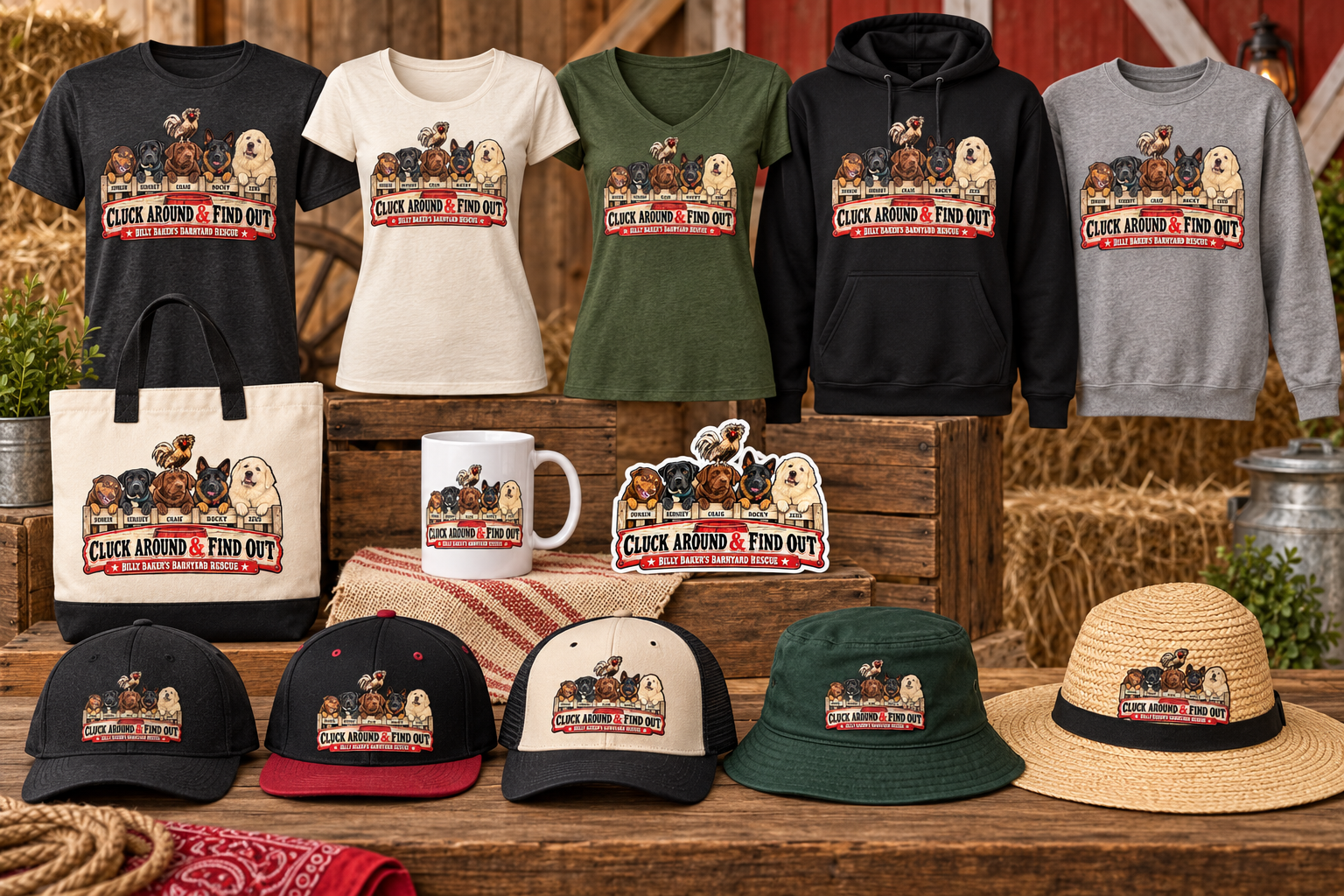 Barnyard Rescue shirts, women's tee, V-neck, hoodie, sweatshirt, tote bag, mug, sticker, baseball caps, trucker hat, bucket hat, and straw sun hat